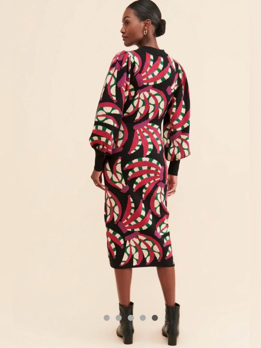 FARM Rio Black Knit Midi Sweater Dress with Pink, Green & Cream Swirls - Picture 3 of 9